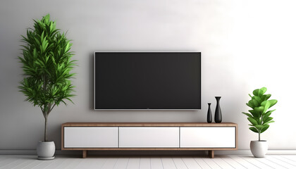 TV on the cabinet in modern living room with plant 