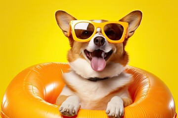 corgi dog wearing sunglasses with inflatable beach pool swim ring on yellow background