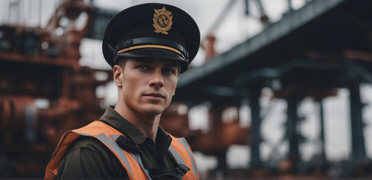 A young man at a shipyard in a working uniform. Generative AI.