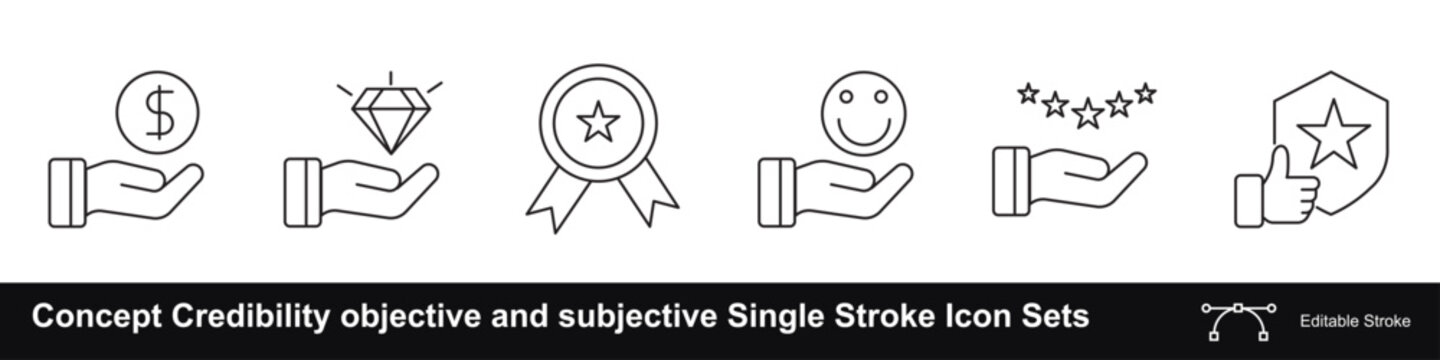 Credibility objective and subjective believability concept editable stroke icons set