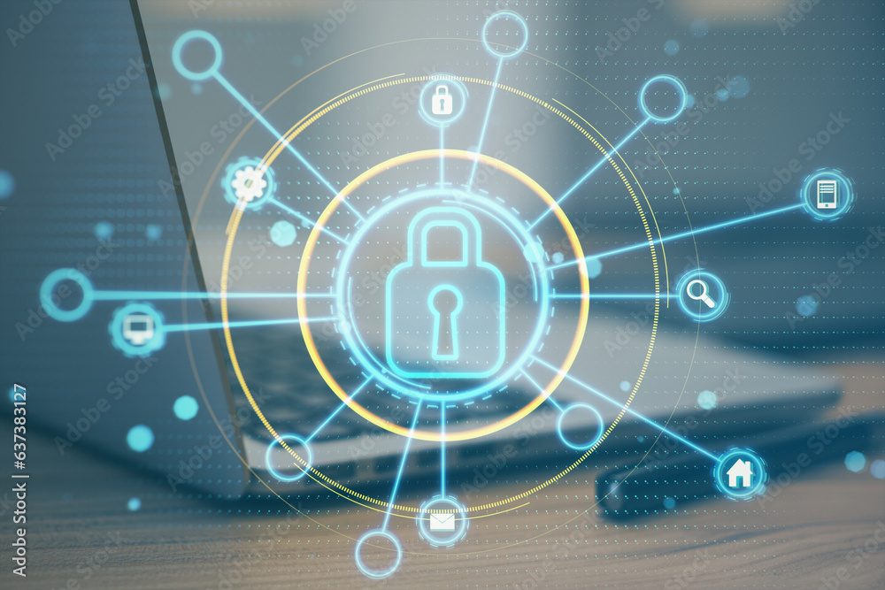Poster close up of laptop and pen on wooden desk with glowing padlock screen hologram on blurry background.