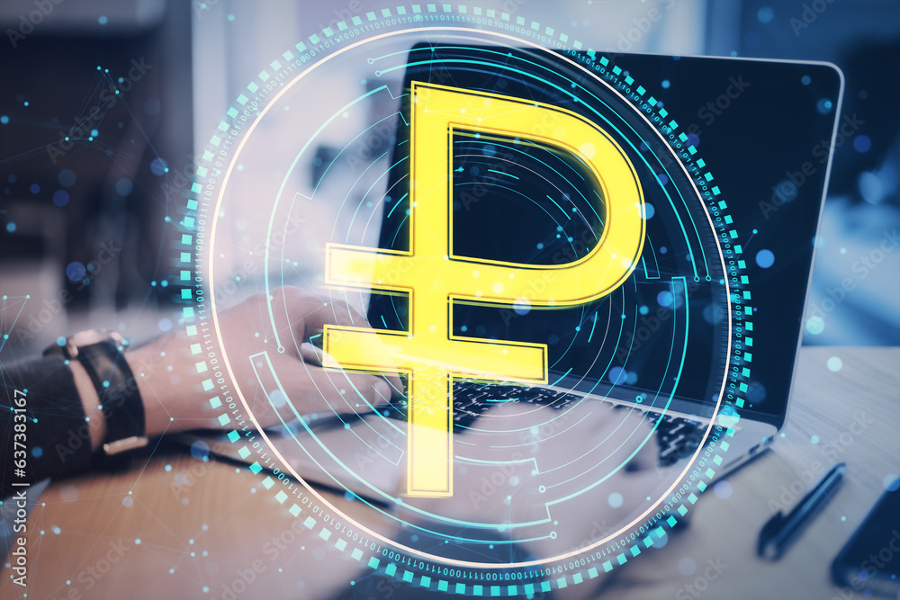 Poster close up of male hands using laptop keyboard with creative round ruble coin and polygonal mesh holog