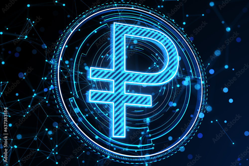 Aufkleber creative round ruble coin and polygonal mesh hologram on dark background. digital money and finance 
