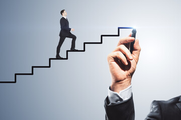 Abstract image of businessman climbing hand drawn stairs on light background. Teamwork, success and career development concept.
