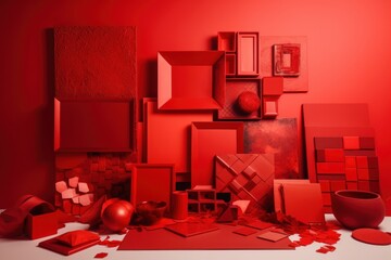 A vibrant red room filled with various red objects scattered on the floor