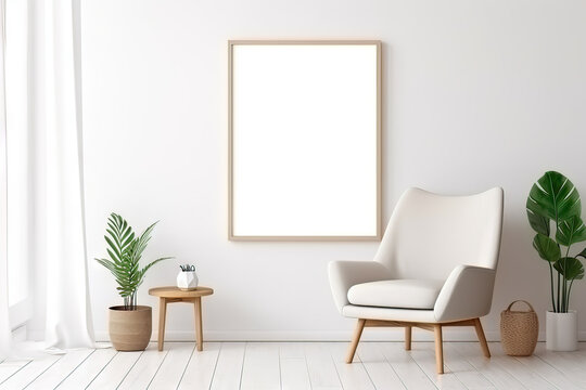Blank wooden picture frame mockup in modern interior. Vertical template mock up for artwork, painting, photo or poster in interior design, generative AI	