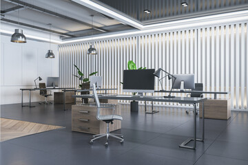 Contemporary wooden and concrete coworking office interior with furniture and equipment. 3D Rendering.