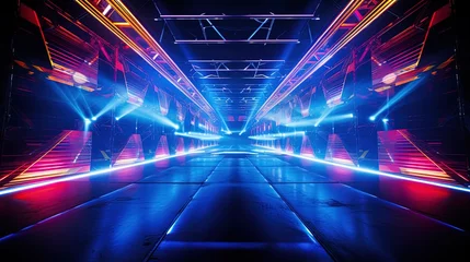 Fotobehang Abstract neon scene with beams and spotlights. AI generation © MiaStendal