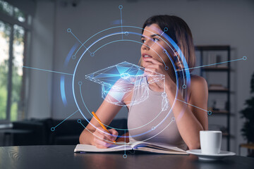 Smiling woman in casual wear taking notes in notebook at office workplace with coffee cup. Concept of distant business education, information technology, dreaming, thinking. Math drawings