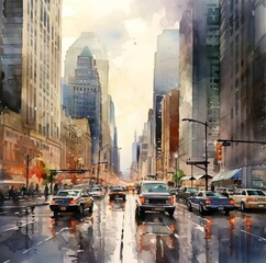 A watermarked image of a city street with cars and a traffic light illustration Painting - obrazy, fototapety, plakaty