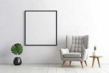 Blank wooden picture frame mockup in modern interior. Vertical template mock up for artwork, painting, photo or poster in interior design, generative AI	