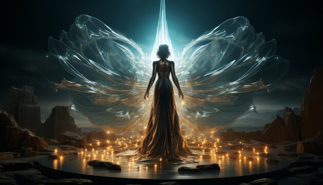 A female image with angel wings in holy rays at the altar. Created in AI.
