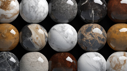 Set of high detail polished balls of different types of marble and granite stone texture