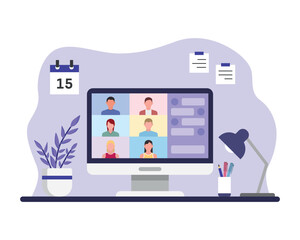 Group of people vector illustration. Video conference on isolated background. Chat sign concept.