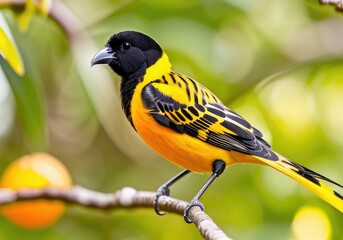 A tropical bird with a black head and yellow orange body sits on a branch. 