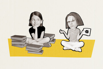 Photo collage artwork of funny two girls teenagers playing joking drawing paper sheet guess what...