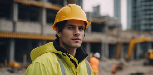 A young man wearing a protective helmet and a work uniform at a construction site. Generative AI.