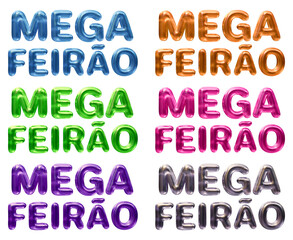 Set of mega feirao Brazilian text mean mega fair in Portuguese isolated on transparent background in 3d rendering for sale concept.