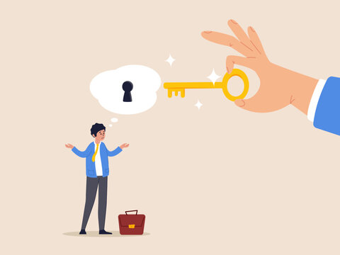 Key to unlock business idea concept. Business support or help to solve problem, clear and unblock work obstacle, businessman thinking with idea as a keyhole with helping hand holding the success key.