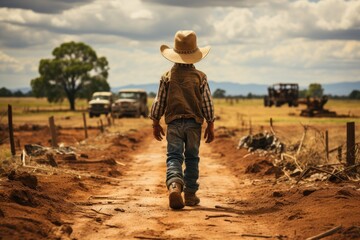 Little cowboy walk rural road on a summer day, back view - obrazy, fototapety, plakaty