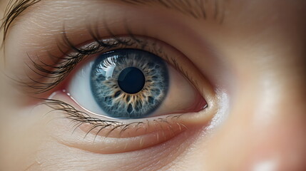 realistic close up blue child's eye, macro of baby face