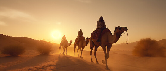Cameleers, camel Drivers at sunset in slow motion. Thar desert on sunset Jaisalmer, Rajasthan, India. 4k camel