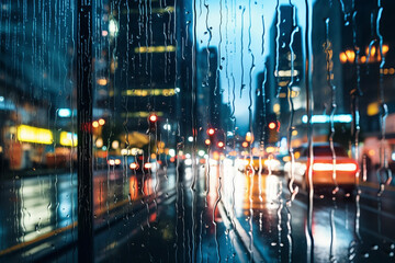 Drops of water flowing through rain wet transparent glass. Background of office town with neon light blur. Business concept suitable for setbacks and recovery.