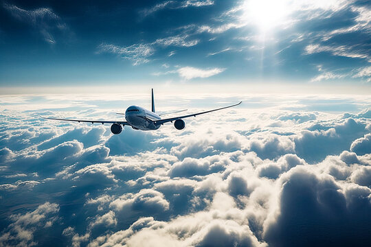 blue sky and white clouds closeup with Plane Ocean