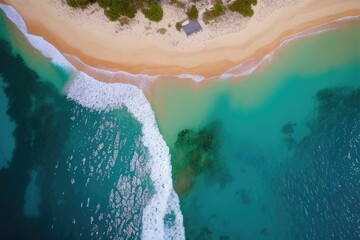 An idyllic beach and crystal clear ocean seen from above Generative AI
