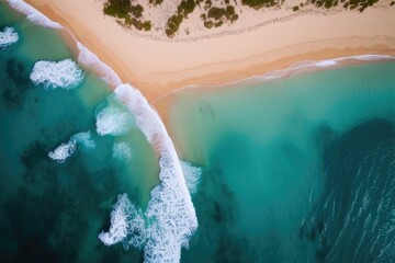 An idyllic beach and crystal clear ocean seen from above Generative AI
