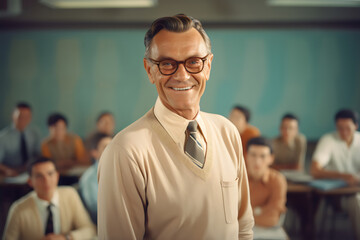 vintage portrait of smiling older male teacher in classroom of students in technicolor photo style