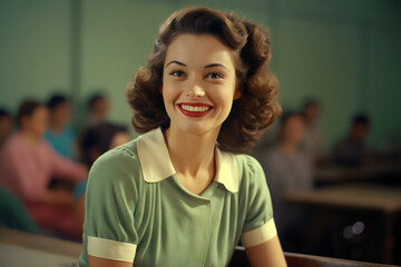 vintage portrait of smiling brunette female in classroom of students in technicolor photo style