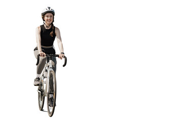 A female athlete in a helmet walking a full-length bicycle, a happy person training fitness cardio.  Transparent background, png. - Powered by Adobe