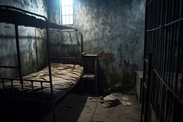 View of the prison cell from the inside. Solitary cell for prisoners. Hopelessness.