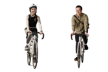 A woman and a man walking on bicycles in full growth, happy people training fitness cardio. ...
