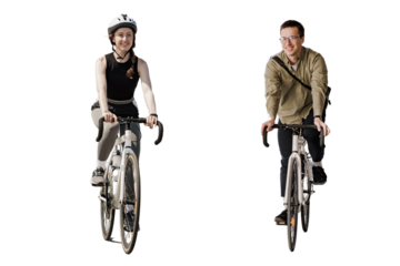 A woman and a man walking on bicycles in full growth, happy people training fitness cardio.  Transparent background, png.