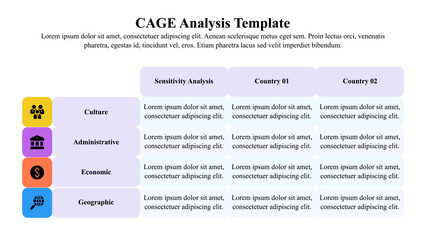 Infographic presentation template of CAGE analysis template with icon and text space.