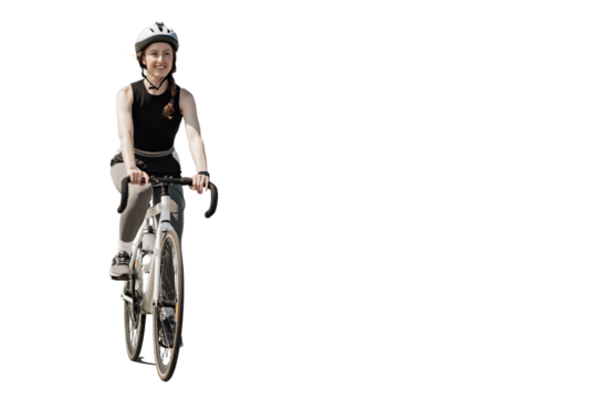 A female athlete in a helmet walking a full-length bicycle, a happy person training fitness cardio. Transparent background, png. - Powered by Adobe