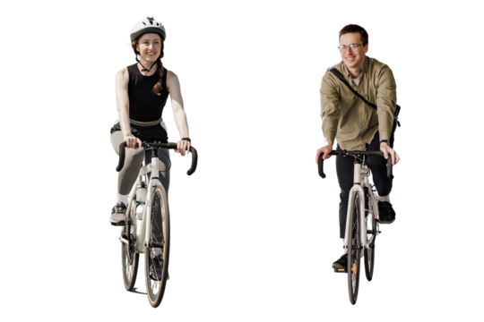 A woman and a man walking on bicycles in full growth, happy people training fitness cardio.  Transparent background, png. - Powered by Adobe