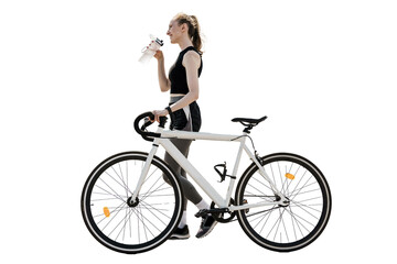 Fototapeta na wymiar A woman training in sportswear is a full-length cyclist. Riding an ecotransport fitness in the city. A white bicycle. Transparent background, png.