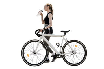 A woman training in sportswear is a full-length cyclist. Riding an ecotransport fitness in the city. A white bicycle.  Transparent background, png.