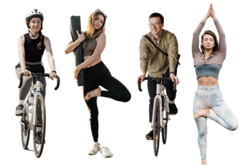 Man and woman collage, Cyclists and full-length fitness training. Different people in life.  Transparent background, png.