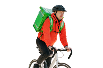 A male cyclist in a helmet, a courier in uniform with a bag for food, a courier service employee, fast delivery. Transparent background, png.