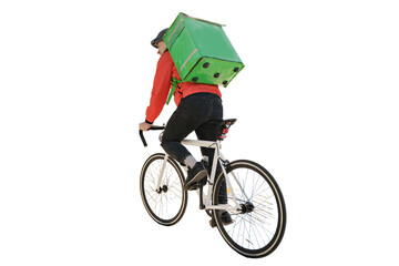 Male cyclist courier in uniform with a food bag, courier service employee, fast delivery.  Transparent background, png.