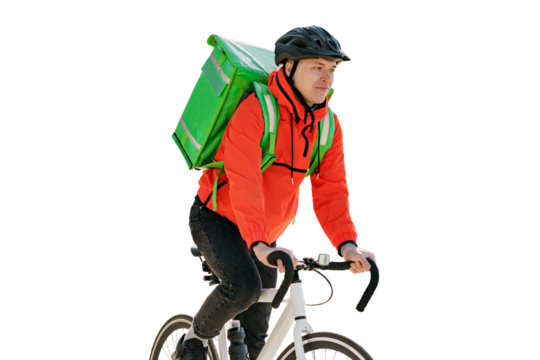 A male cyclist in a helmet, a courier in uniform with a bag for food, a courier service employee, fast delivery.  Transparent background, png.