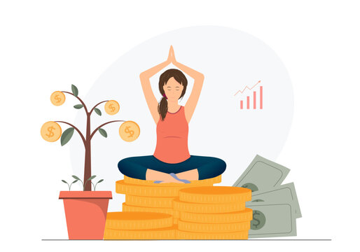 Woman meditates on earning money, financial wealth, money or financial mindset, success investment and savings or attitude to grow business, flat vector illustration