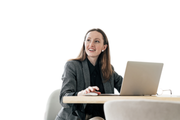 A woman uses a laptop workplace office, business clothes on a person. A freelancer works at a computer alone. Transparent background, png.