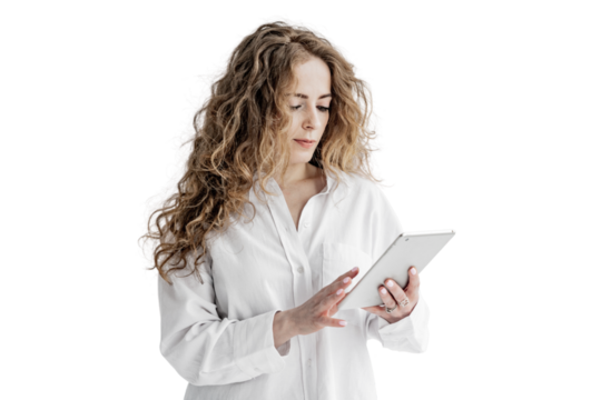 A freelance designer employee in the office uses a tablet. The student is a smart young woman with curly hair in a white shirt. Transparent background, png.