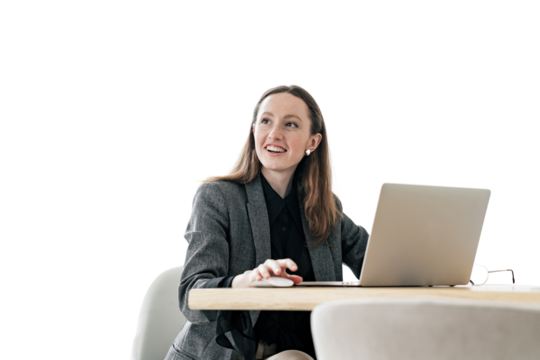 A woman uses a laptop workplace office, business clothes on a person.  A freelancer works at a computer alone.   Transparent background, png. - Powered by Adobe