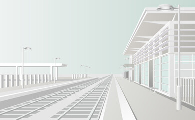 Railway station with parking. Vector illustration of an architectural structure with railway tracks and a station building. Template for creativity.